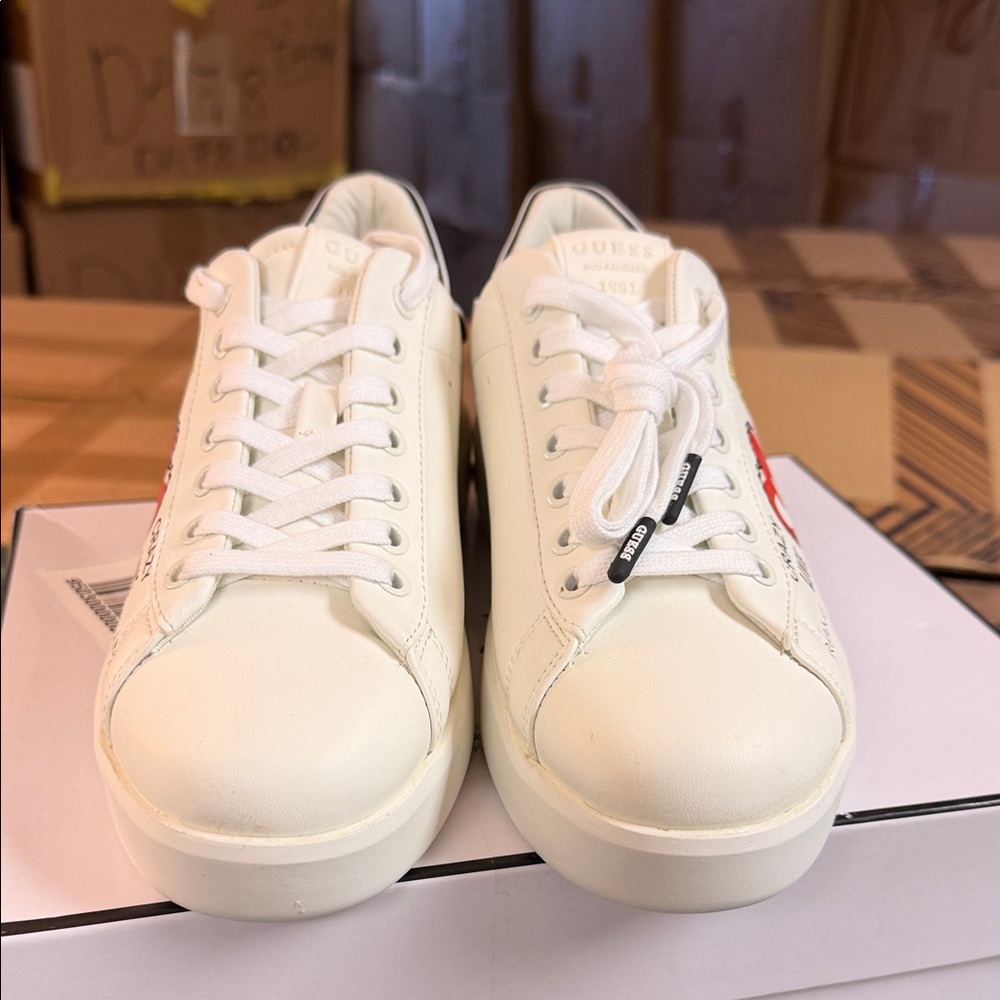 Guess White Sneakers with Red Heart and Black Heel Accents - Picture 4 of 5